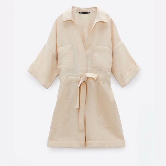 Zara Pants - Zara Cream Lyocell Utility Romper XS Short Sleeve Tie Waist ✨